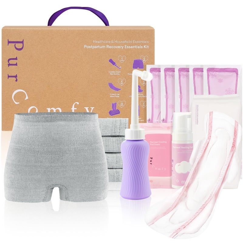 PurComfy 18 Pcs Postpartum Essentials Recovery Kit Includes 5 Disposable Underwear 24 Perineal Soothing Pad Liners Perineal Soothing Foam 5 Instant Ice Pads Peri Bottle and 5 Postpartum Pads